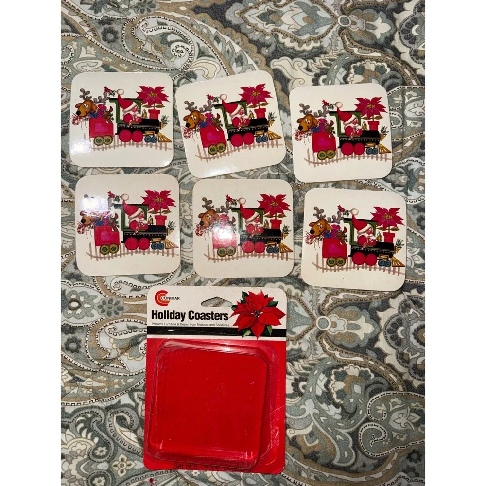 Vintage Conimar Holiday Coasters Set of 6 Christmas Santa Train Cork Back 3.75in